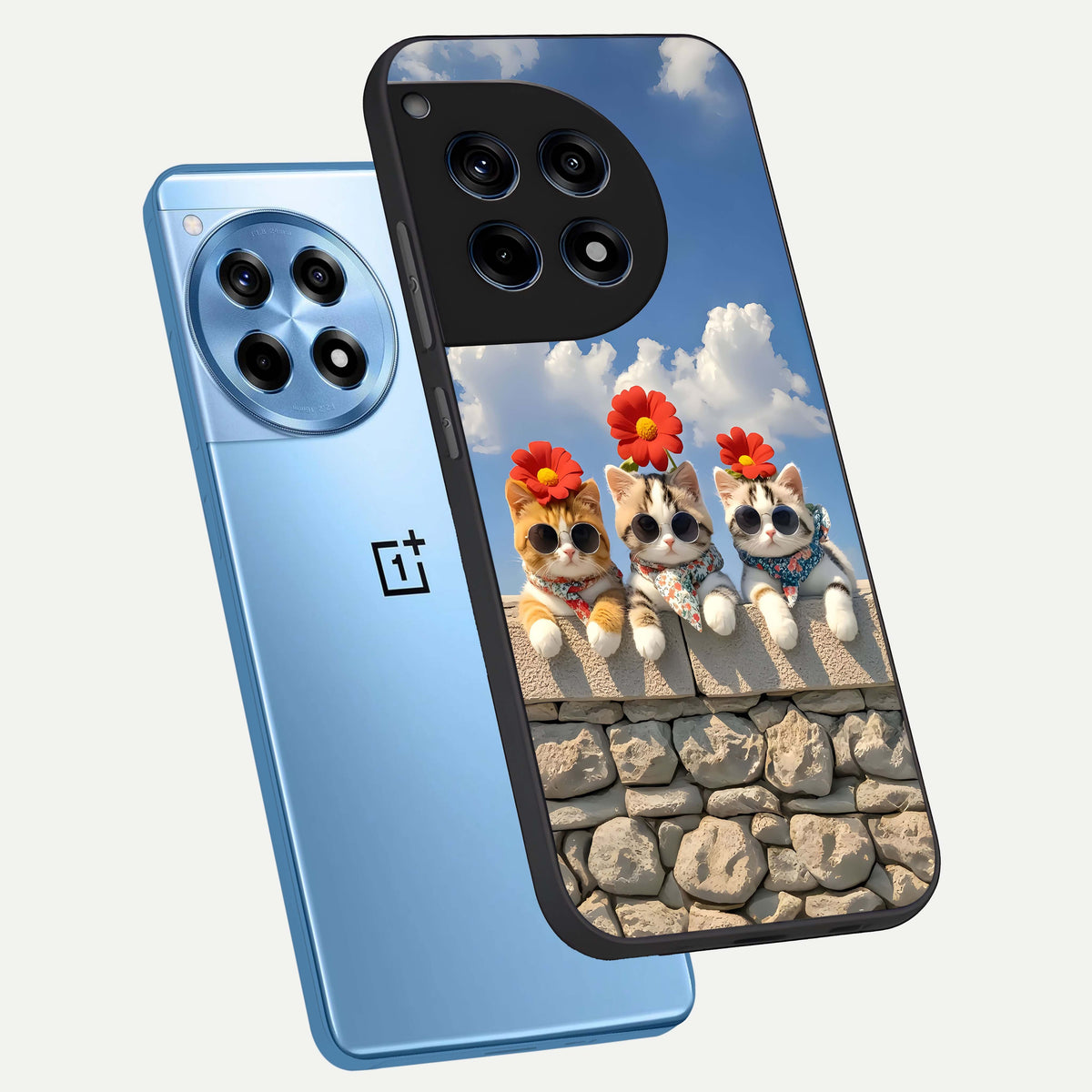  Floral Kitty Squad phone case For OnePlus 12R showing premium glass back cover with detailed artwork