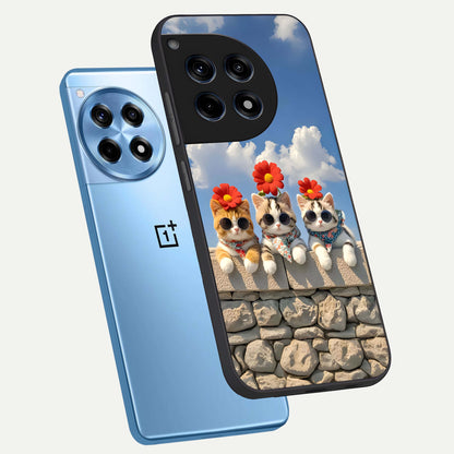  Floral Kitty Squad phone case For OnePlus 12R showing premium glass back cover with detailed artwork