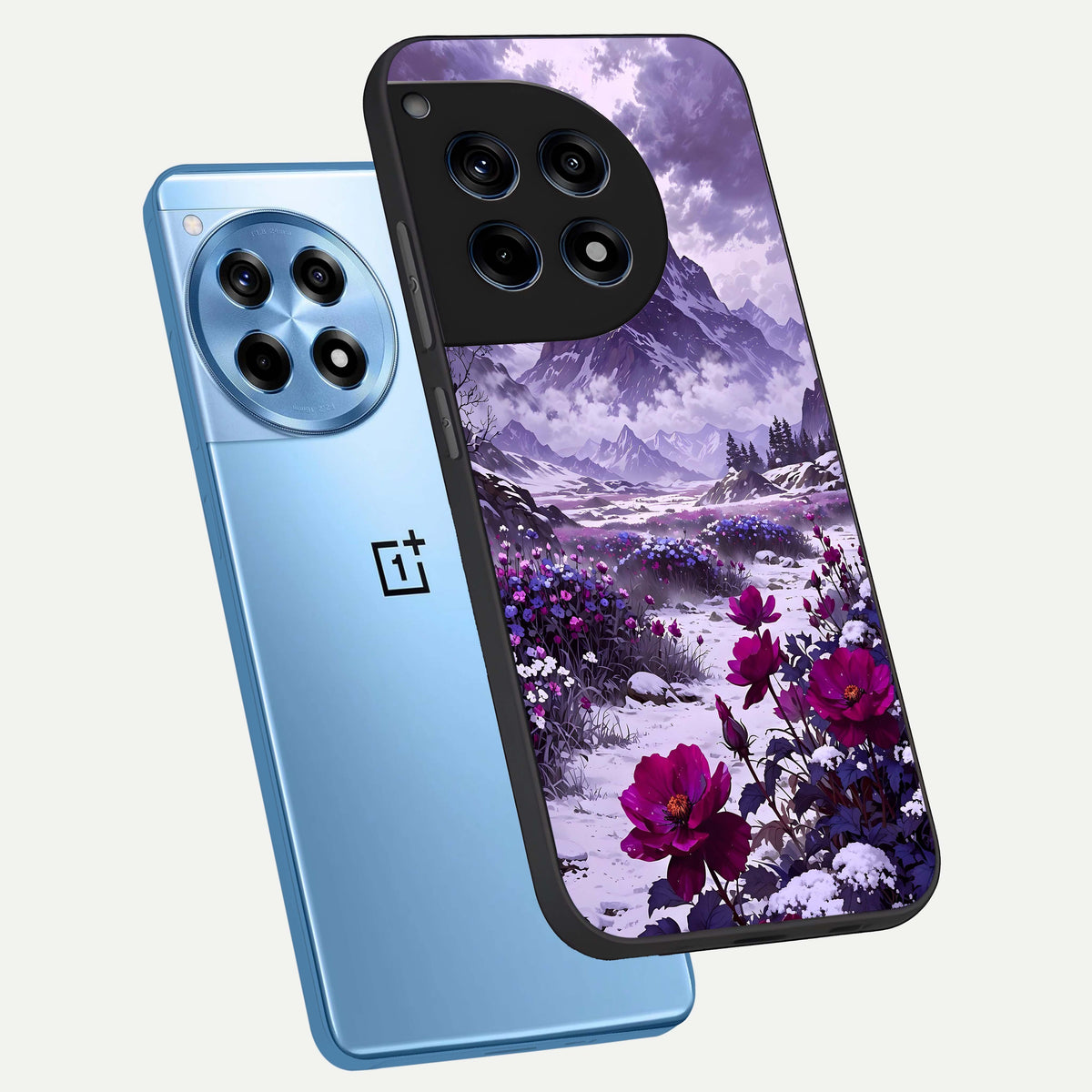  Flower Mountain View phone case For OnePlus 12R showing premium glass back cover with detailed artwork