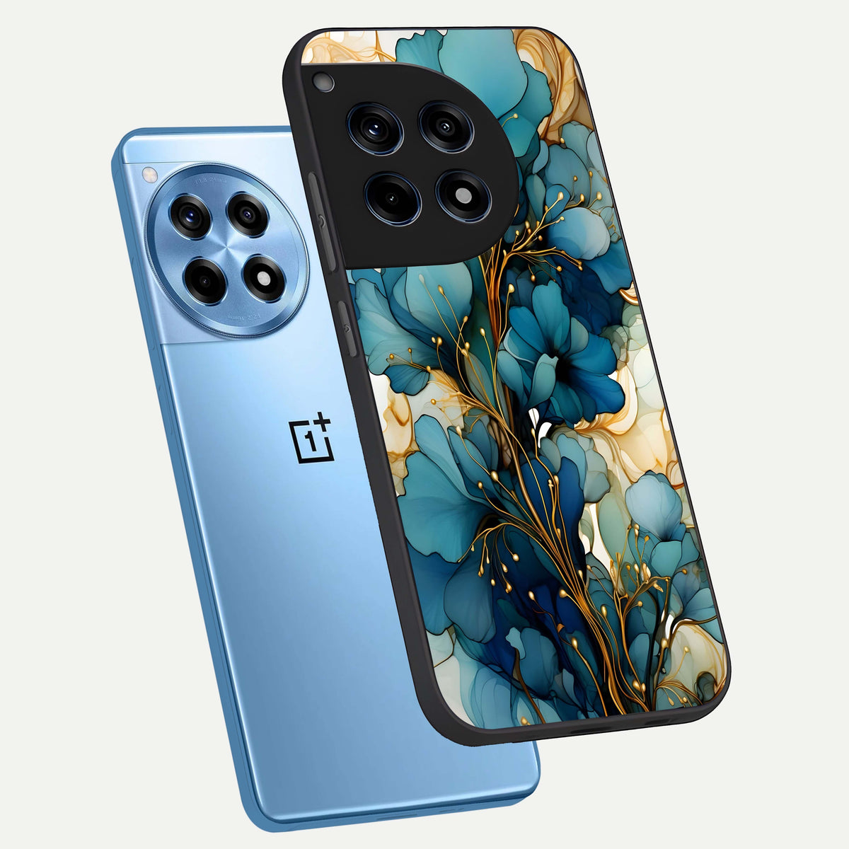  Golden Bloom Symphony phone case For OnePlus 12R showing premium glass back cover with detailed artwork