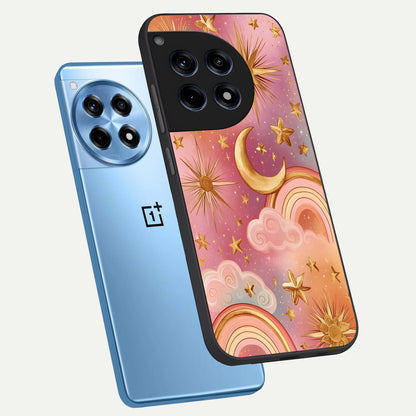  Golden Celestial Dreams phone case For OnePlus 12R showing premium glass back cover with detailed artwork