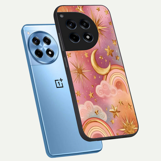  Golden Celestial Dreams phone case For OnePlus 12R showing premium glass back cover with detailed artwork