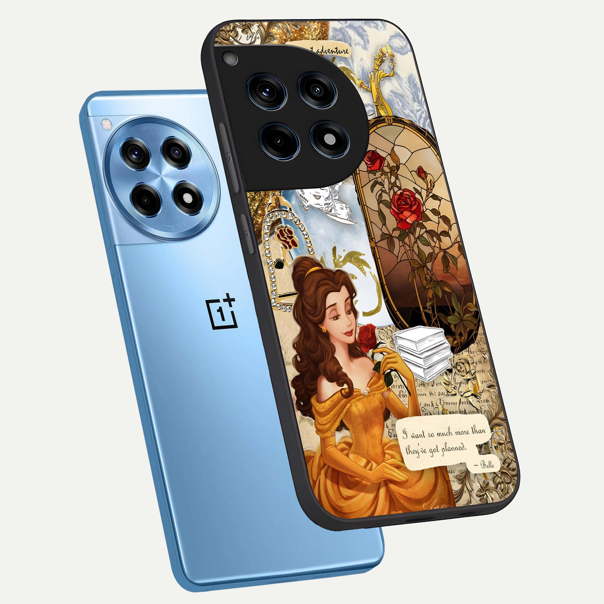  Golden Dream Belle phone case For OnePlus 12R showing premium glass back cover with detailed artwork