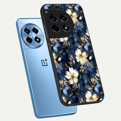  Golden Midnight Bloom phone case For OnePlus 12R showing premium glass back cover with detailed artwork