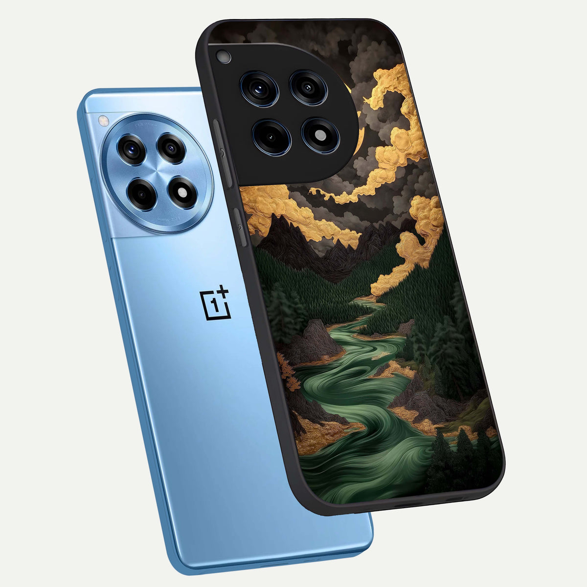  Golden River Moon phone case For OnePlus 12R showing premium glass back cover with detailed artwork