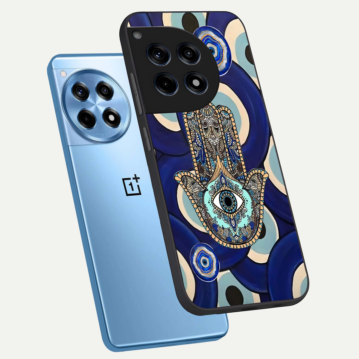  Hamsa Divine Guard phone case For OnePlus 12R showing premium glass back cover with detailed artwork