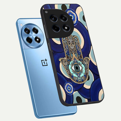  Hamsa Divine Guard phone case For OnePlus 12R showing premium glass back cover with detailed artwork