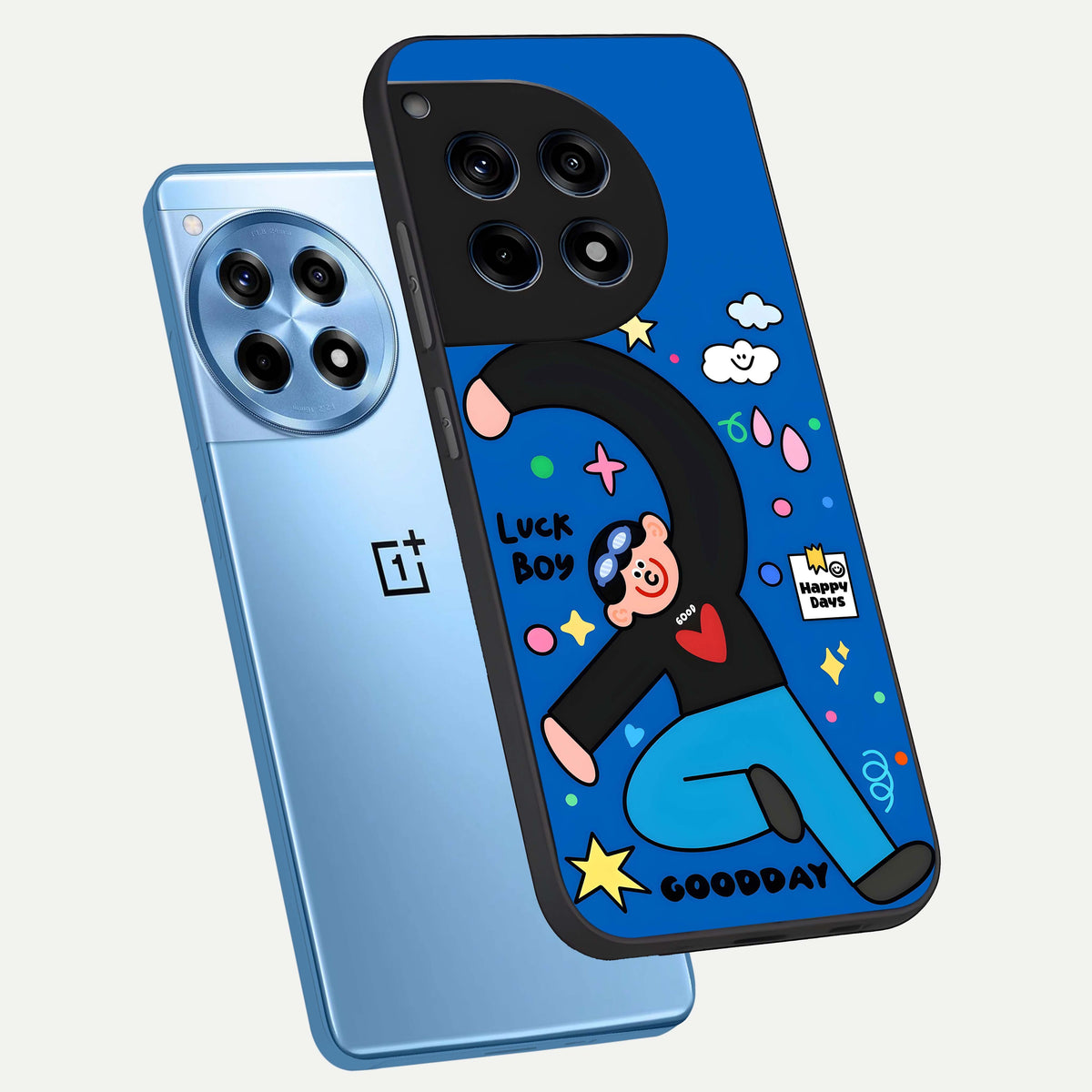  Happy Luck Vibe phone case For OnePlus 12R showing premium glass back cover with detailed artwork