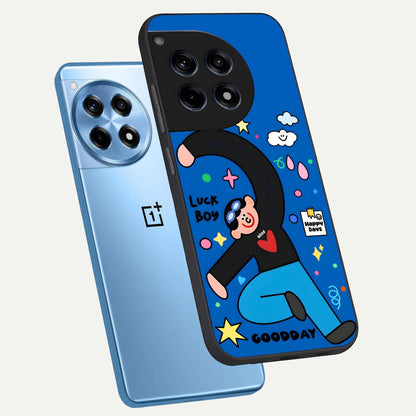  Happy Luck Vibe phone case For OnePlus 12R showing premium glass back cover with detailed artwork