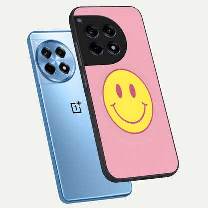  Happy Pink Mood phone case For OnePlus 12R showing premium glass back cover with detailed artwork