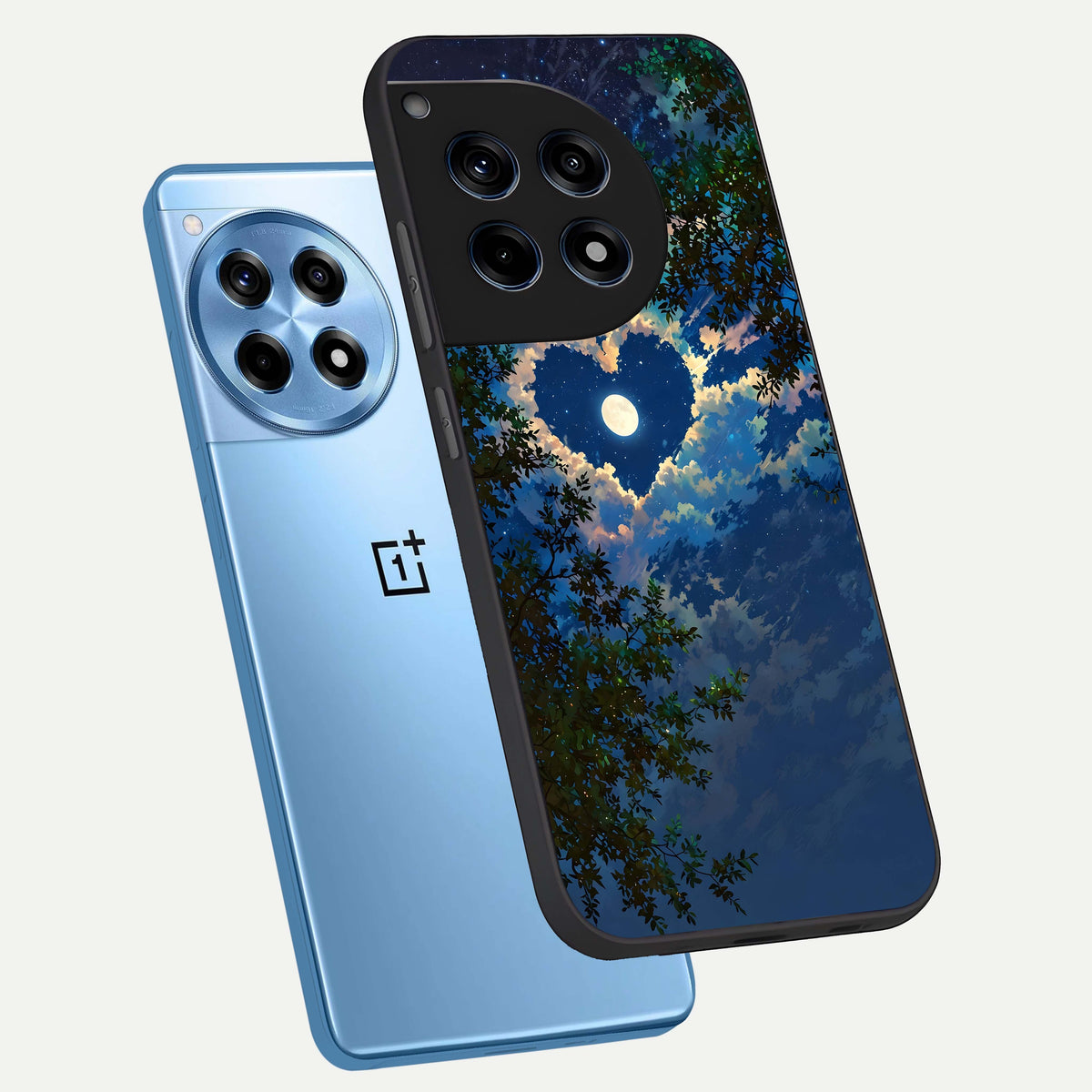  Heart With Moon Sky phone case For OnePlus 12R showing premium glass back cover with detailed artwork