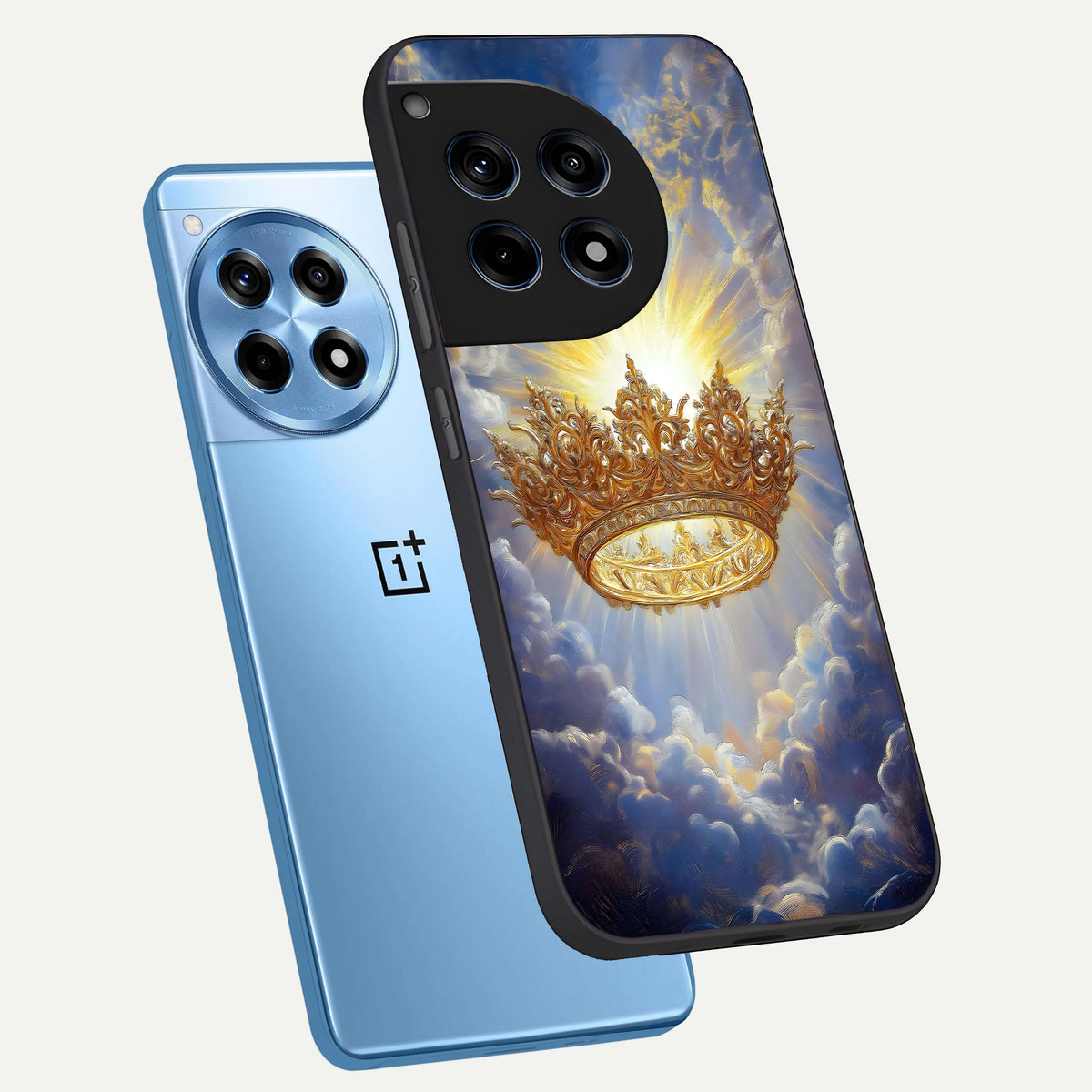  Heavenly Crown Light phone case For OnePlus 12R showing premium glass back cover with detailed artwork