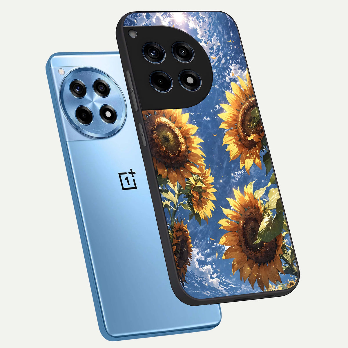  Heavenly Sunflower Rise phone case For OnePlus 12R showing premium glass back cover with detailed artwork