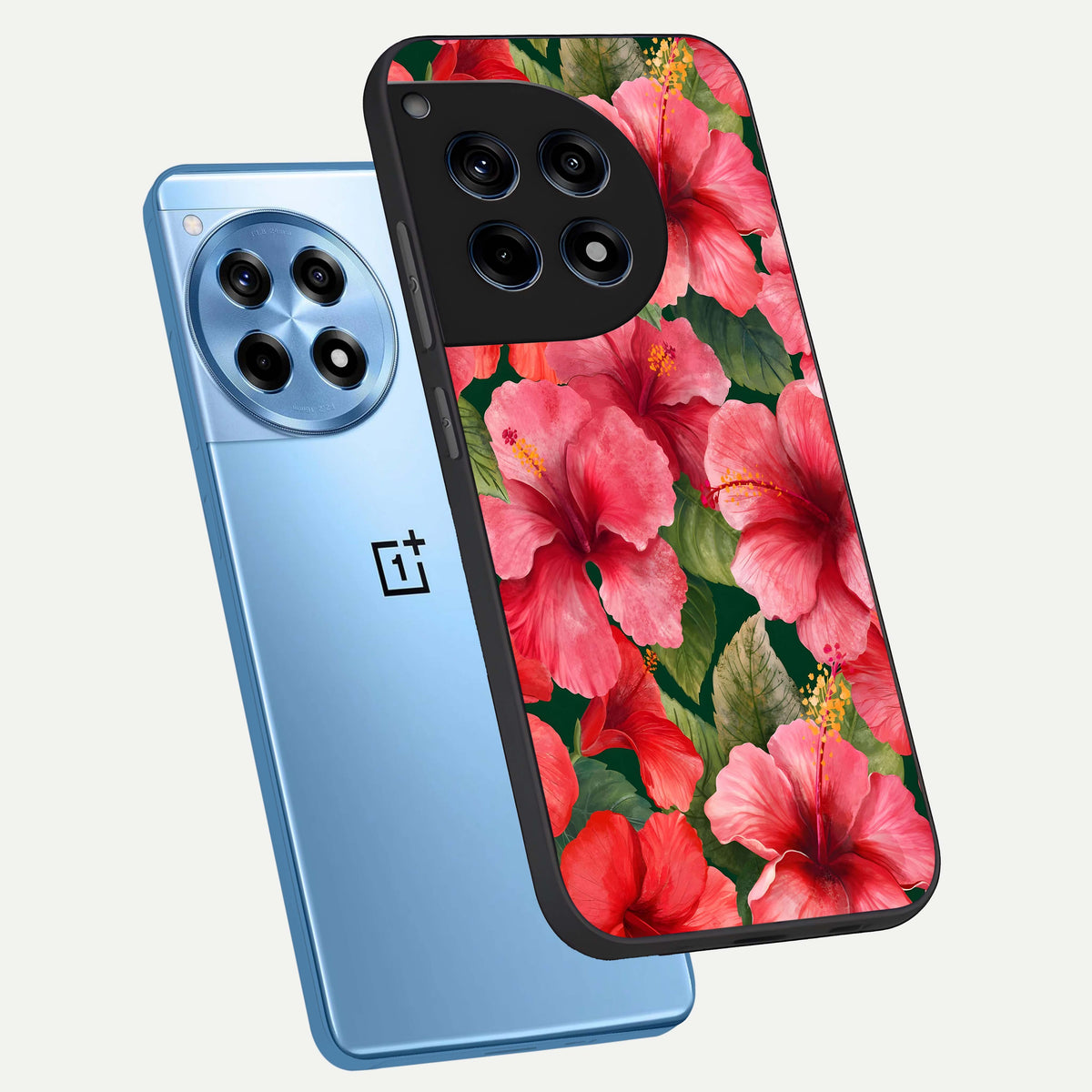  Hibiscus Pattern phone case For OnePlus 12R showing premium glass back cover with detailed artwork
