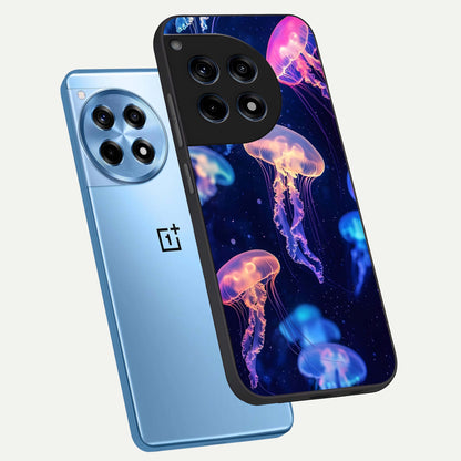  Jellyfish Pattern phone case For OnePlus 12R showing premium glass back cover with detailed artwork