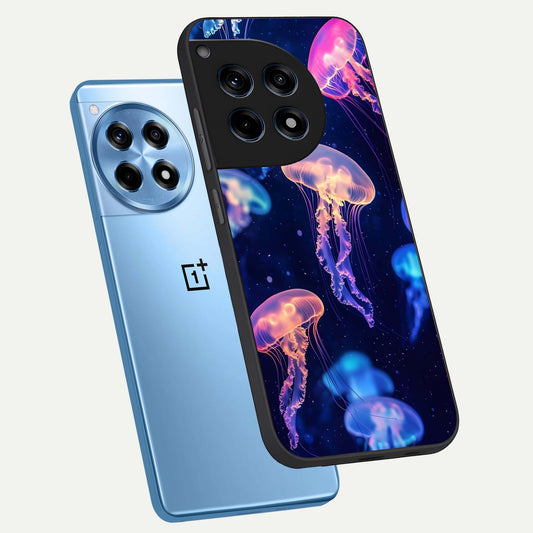  Jellyfish Pattern phone case For OnePlus 12R showing premium glass back cover with detailed artwork