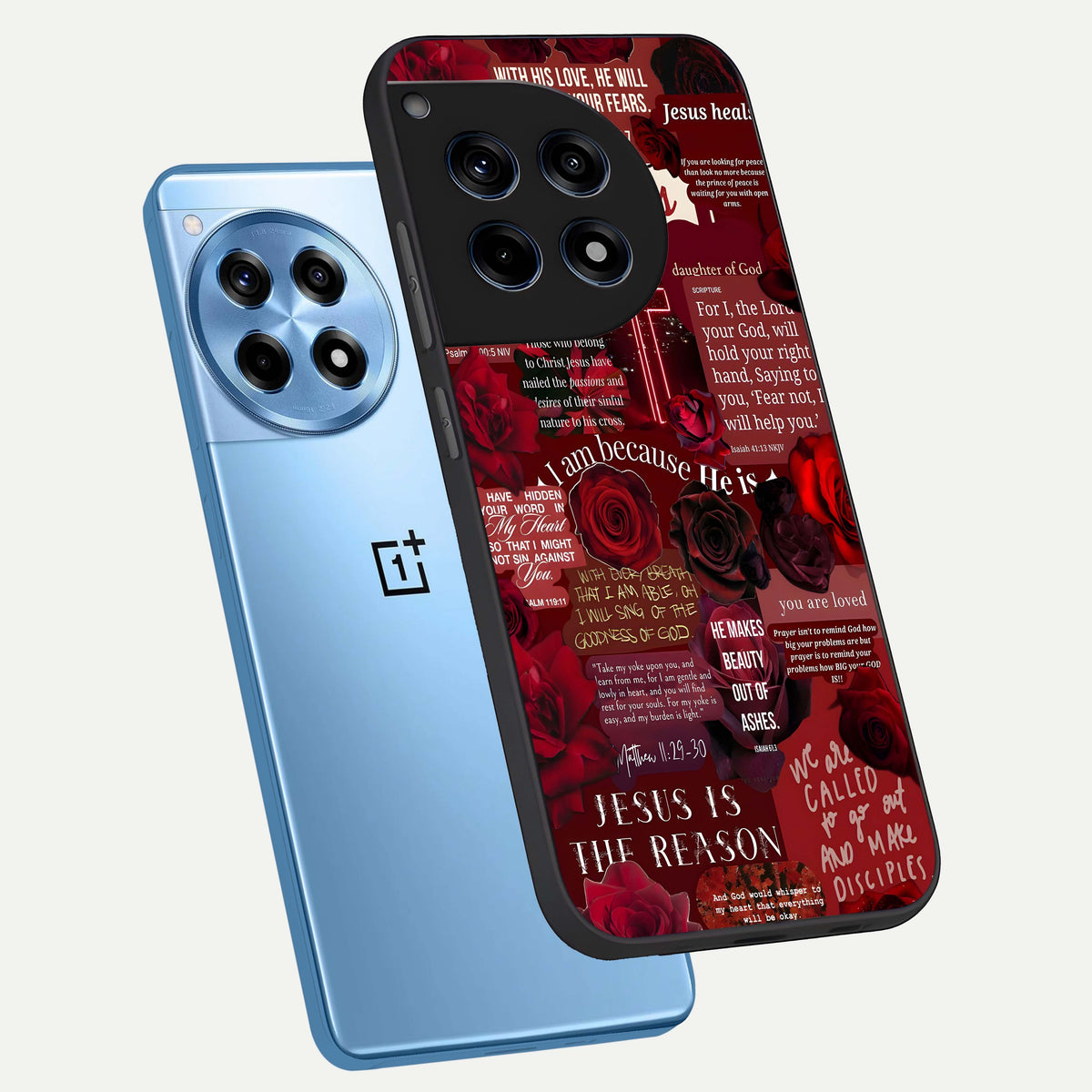  Jesus Love Heals phone case For OnePlus 12R showing premium glass back cover with detailed artwork