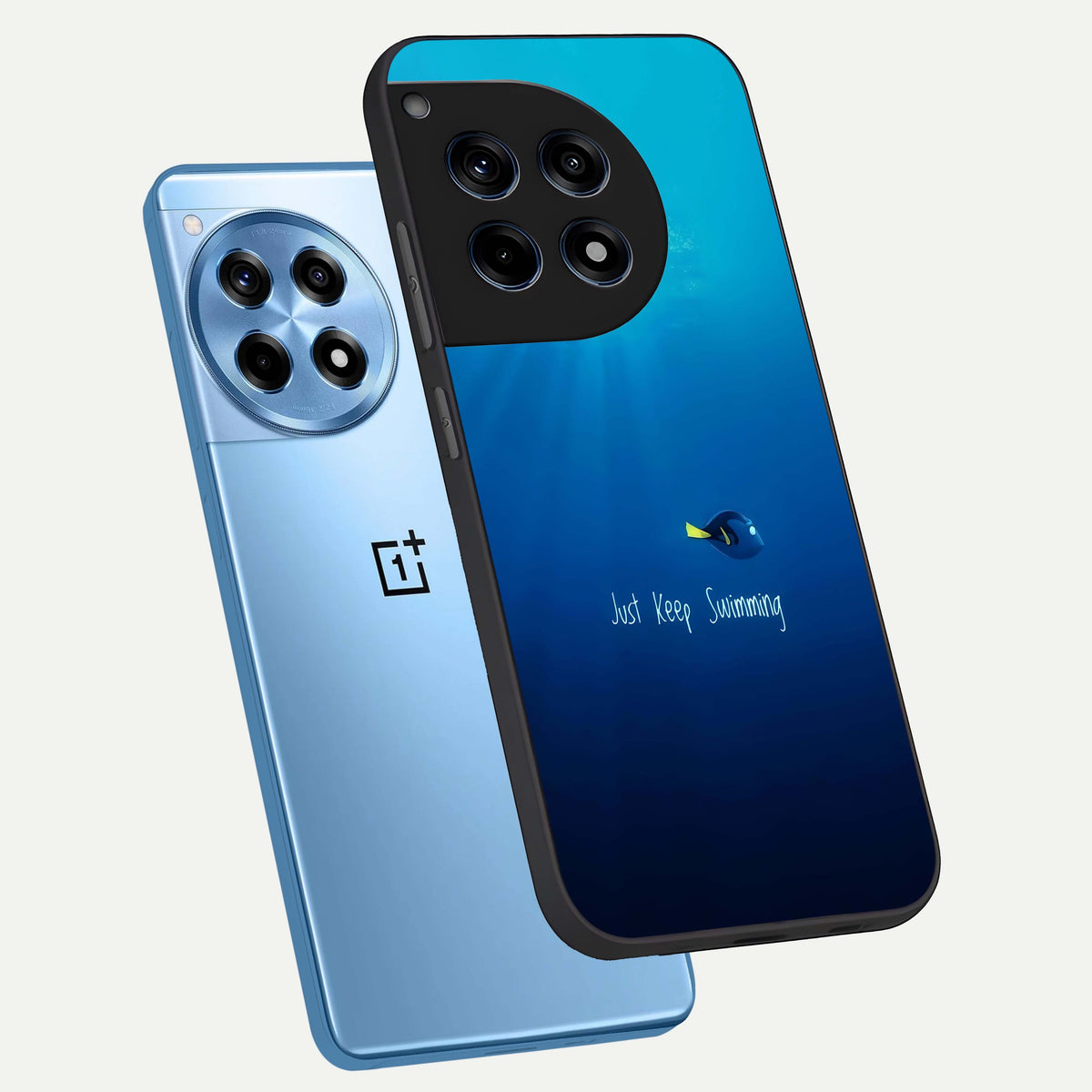  Just Keep Swimming phone case For OnePlus 12R showing premium glass back cover with detailed artwork