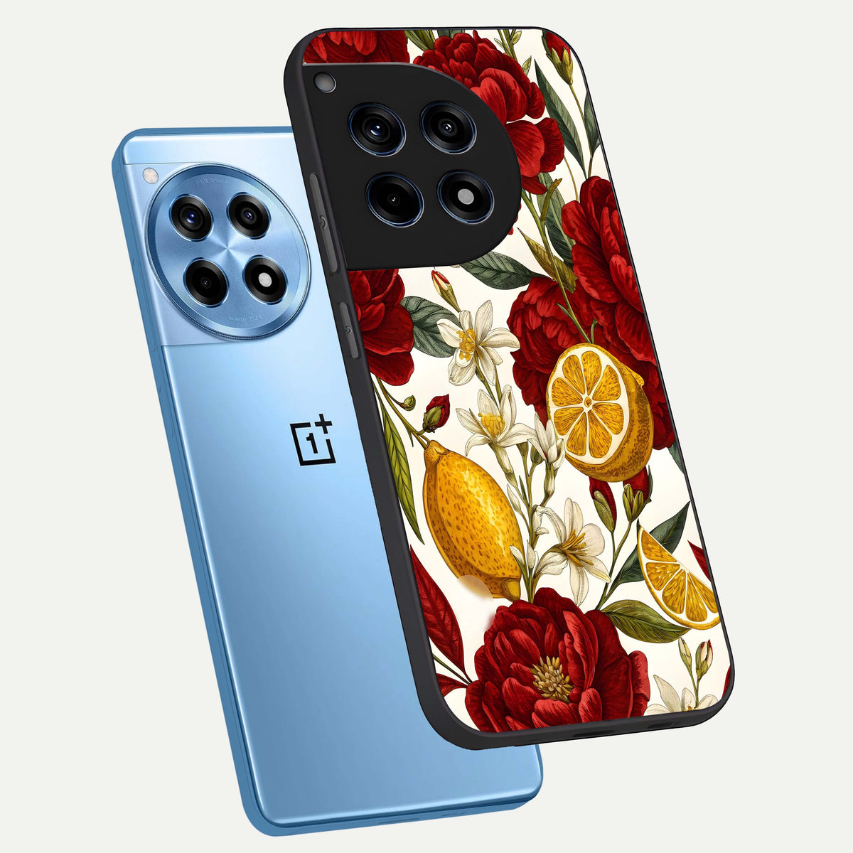  Lemon Rose Charm phone case For OnePlus 12R showing premium glass back cover with detailed artwork