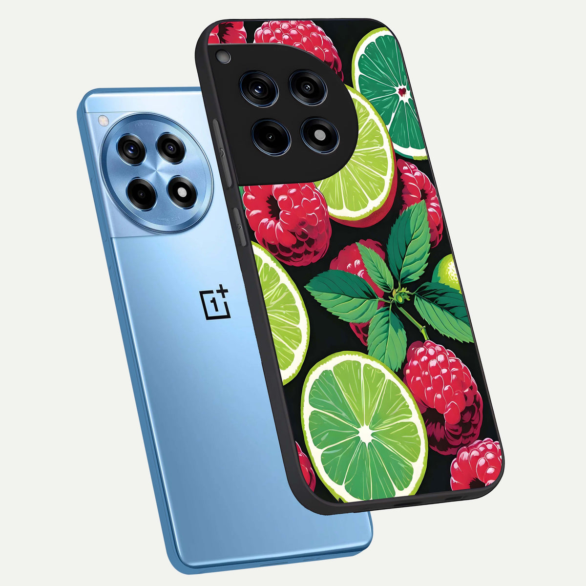  Lime and Raspberry Pattern phone case For OnePlus 12R showing premium glass back cover with detailed artwork