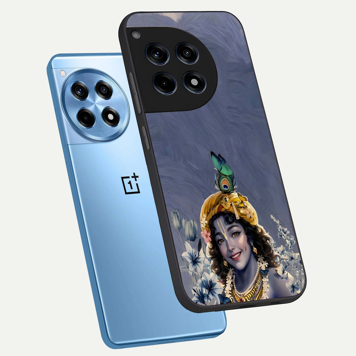  Lord Krishna phone case For OnePlus 12R showing premium glass back cover with detailed artwork