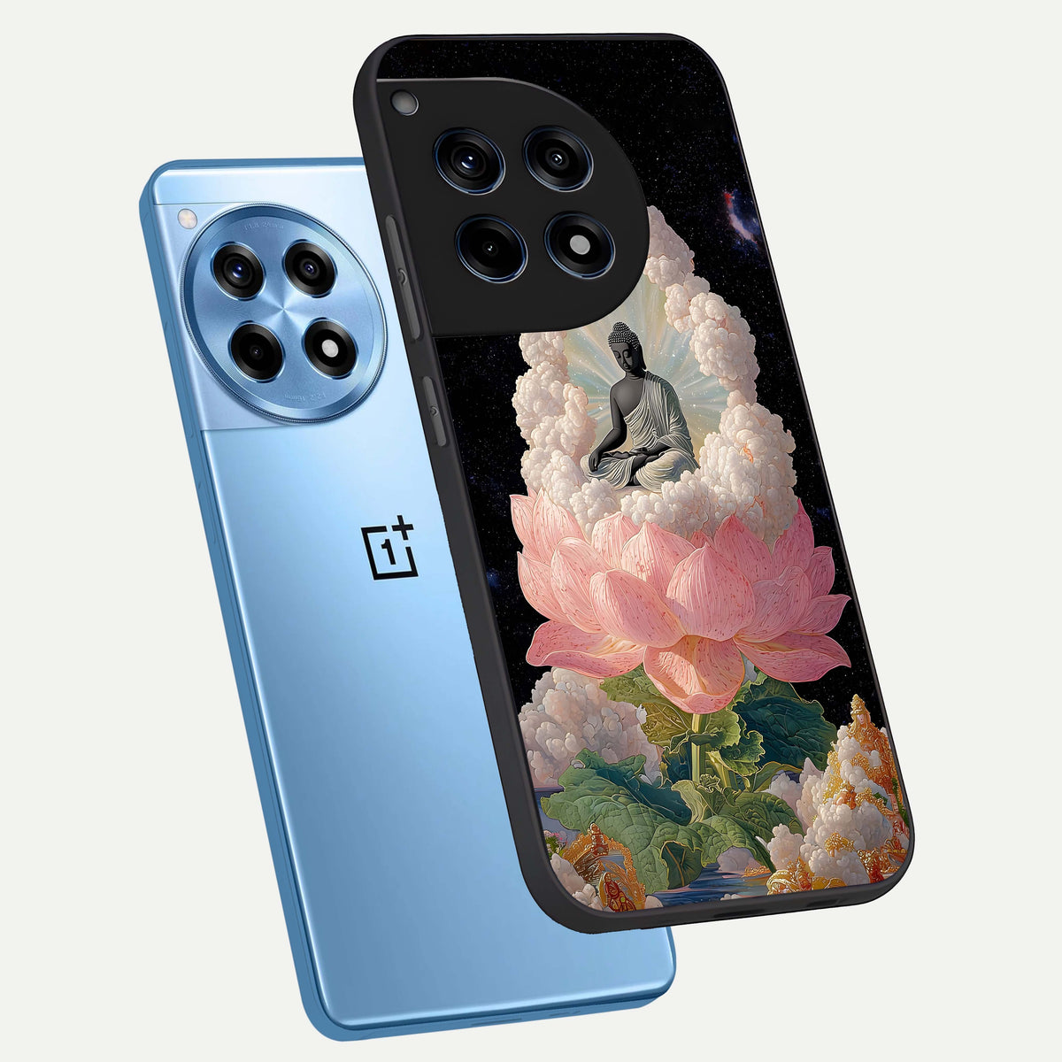  Lotus Divine Peace phone case For OnePlus 12R showing premium glass back cover with detailed artwork