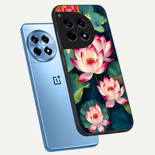  Lotus Dream Serenity phone case For OnePlus 12R showing premium glass back cover with detailed artwork