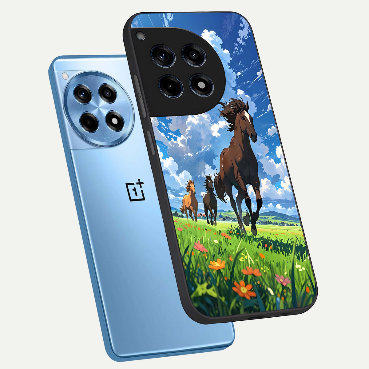  Majestic Horses Galloping phone case For OnePlus 12R showing premium glass back cover with detailed artwork