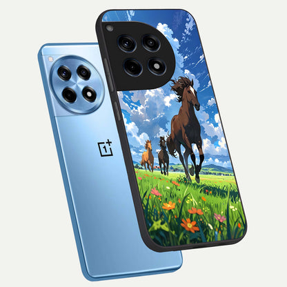  Majestic Horses Galloping phone case For OnePlus 12R showing premium glass back cover with detailed artwork