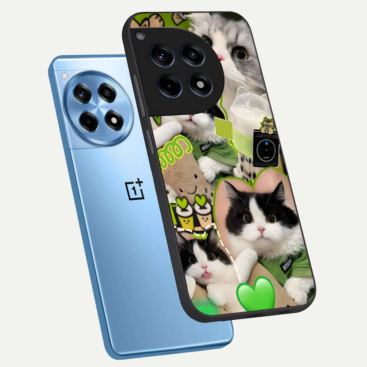  Matcha Cats Mood phone case For OnePlus 12R showing premium glass back cover with detailed artwork