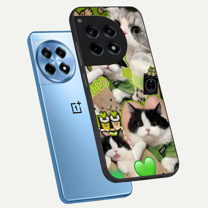  Matcha Cats Mood phone case For OnePlus 12R showing premium glass back cover with detailed artwork