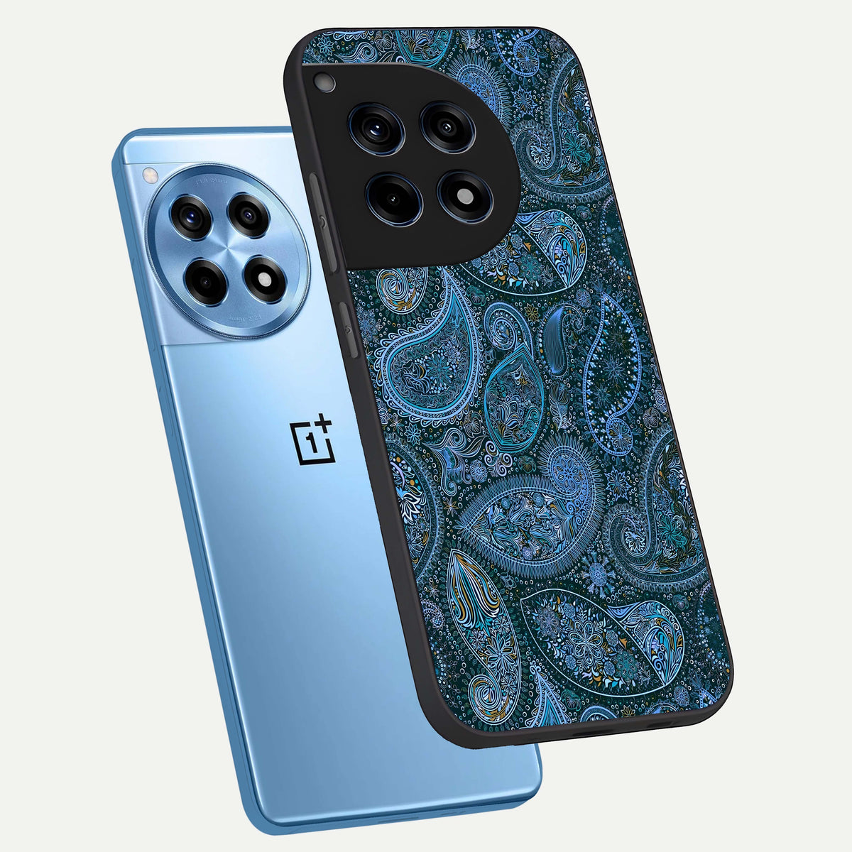  Midnight Paisley Glow phone case For OnePlus 12R showing premium glass back cover with detailed artwork