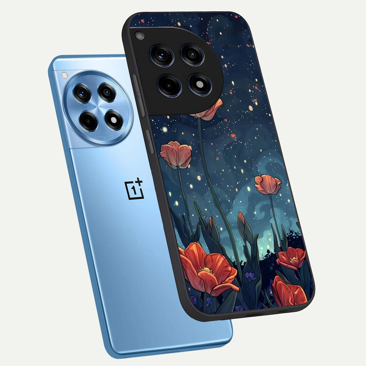  Midnight Tulip Glow phone case For OnePlus 12R showing premium glass back cover with detailed artwork
