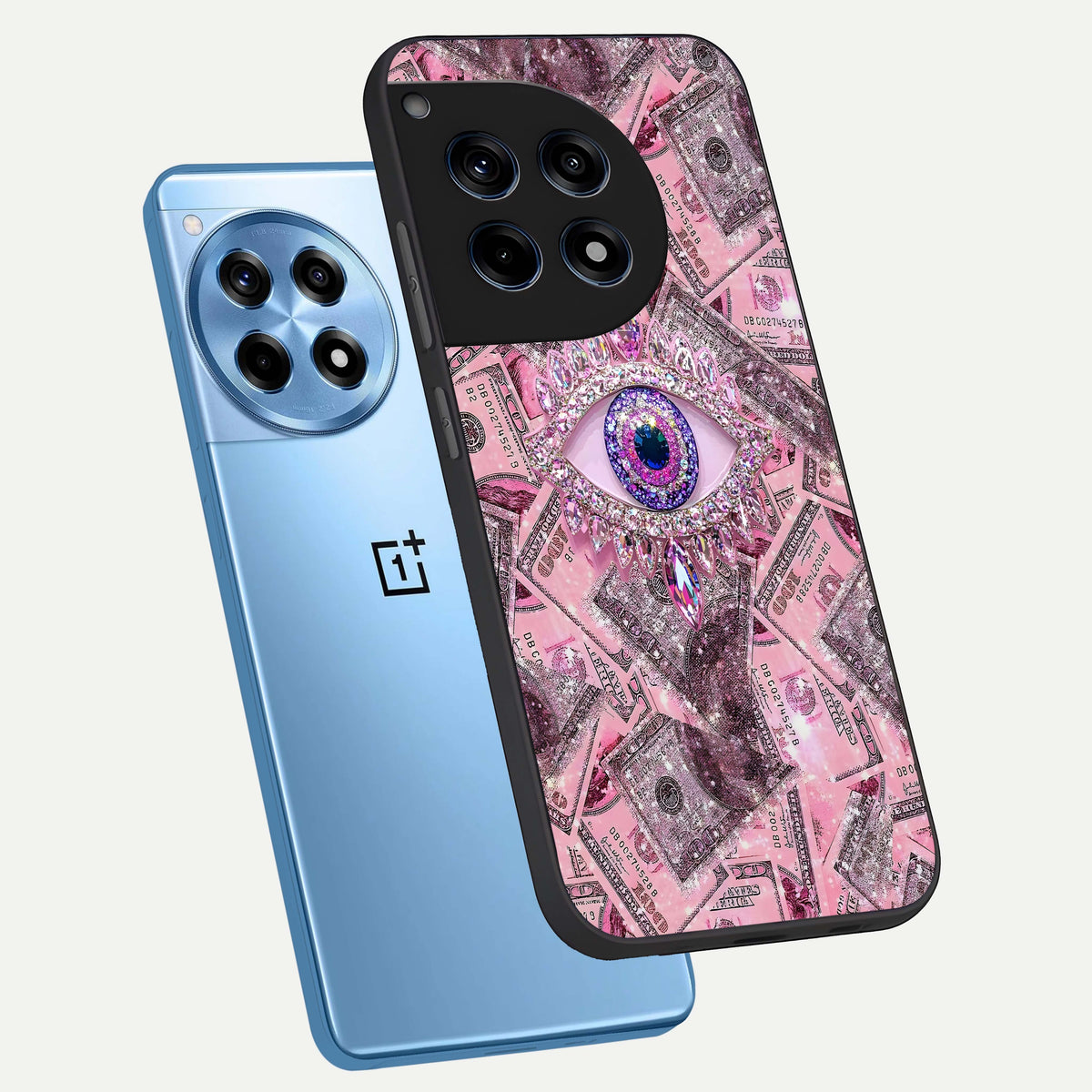  Money Eye Luxe phone case For OnePlus 12R showing premium glass back cover with detailed artwork
