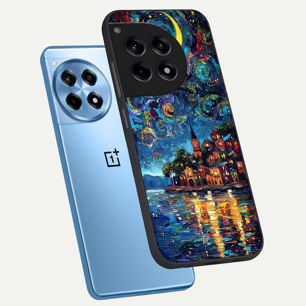 Moonlight Harbor Glow phone case For OnePlus 12R showing premium glass back cover with detailed artwork