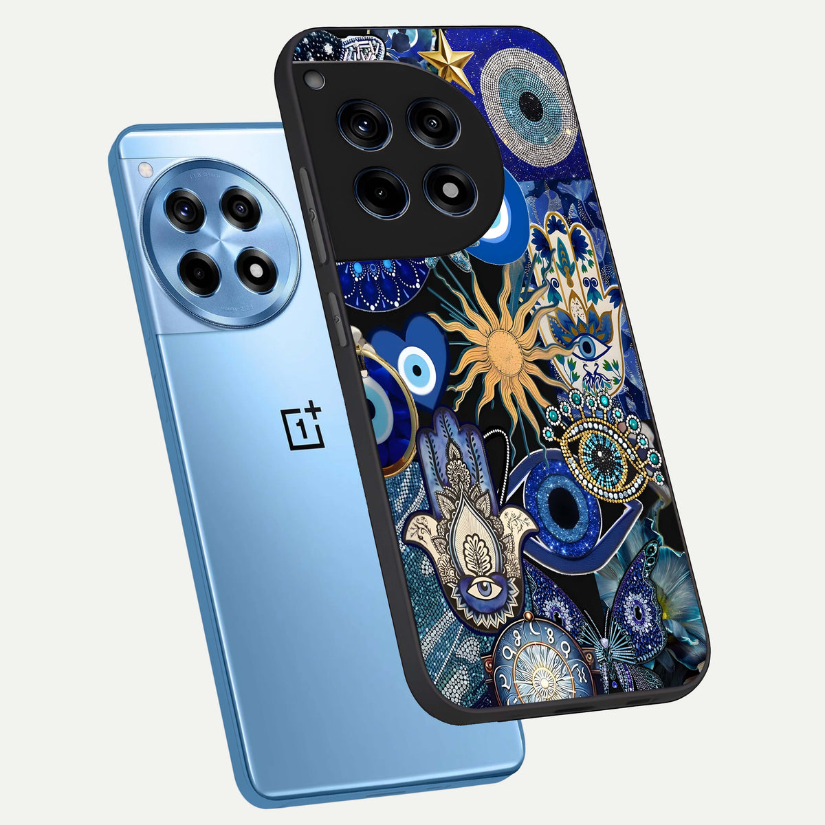  Mystic Blue Evil Eye phone case For OnePlus 12R showing premium glass back cover with detailed artwork