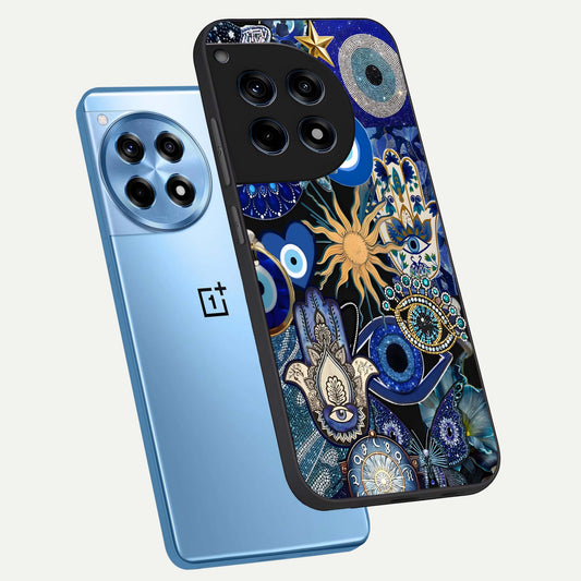  Mystic Blue Evil Eye phone case For OnePlus 12R showing premium glass back cover with detailed artwork