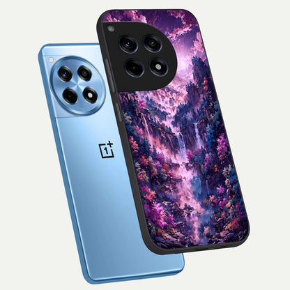  Mystic Cascade Peaks phone case For OnePlus 12R showing premium glass back cover with detailed artwork