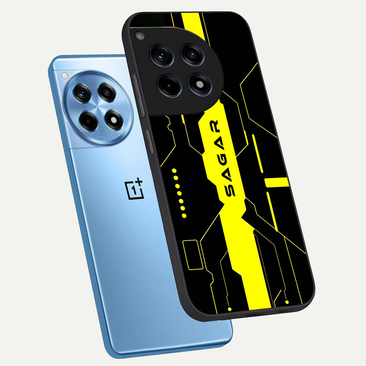  Neon CYBERPUNK Custom Name phone case For OnePlus 12R showing premium glass back cover with detailed artwork