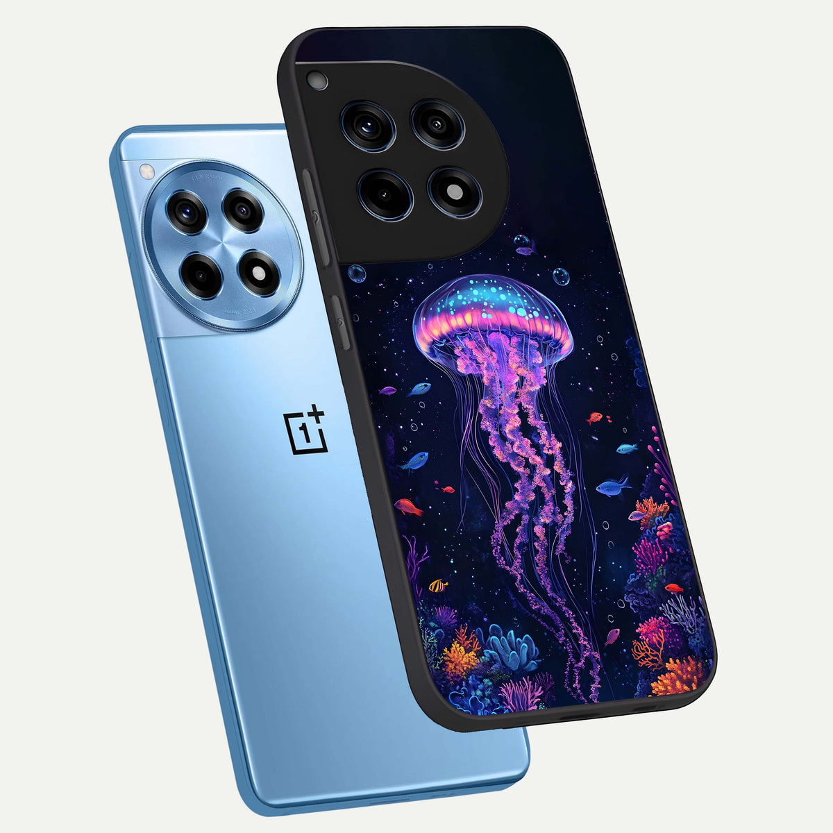  Neon Jellyfish phone case For OnePlus 12R showing premium glass back cover with detailed artwork