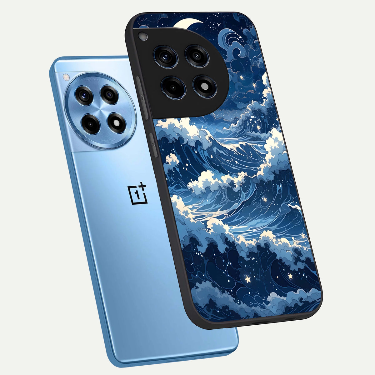  Ocean Moon Waves phone case For OnePlus 12R showing premium glass back cover with detailed artwork