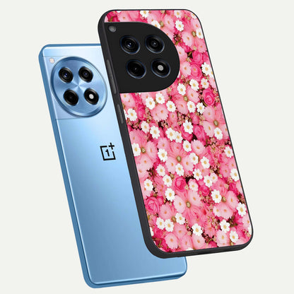  Pink Daisy Bliss phone case For OnePlus 12R showing premium glass back cover with detailed artwork