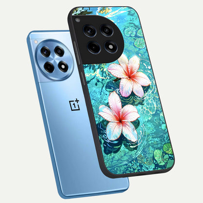  Pink Flowers in Water phone case For OnePlus 12R showing premium glass back cover with detailed artwork