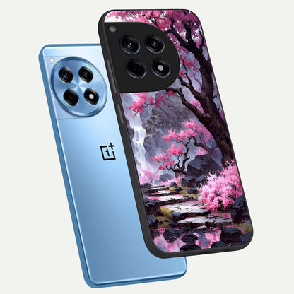  Pink Sunflower Glow phone case For OnePlus 12R showing premium glass back cover with detailed artwork