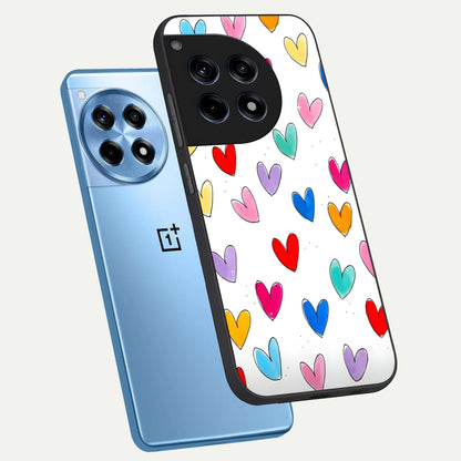  Playful Love Doodles phone case For OnePlus 12R showing premium glass back cover with detailed artwork