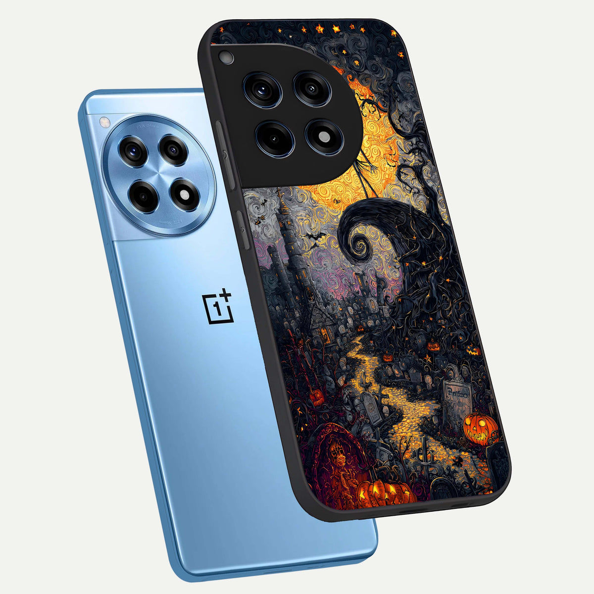  Pumpkin Moon Night phone case For OnePlus 12R showing premium glass back cover with detailed artwork