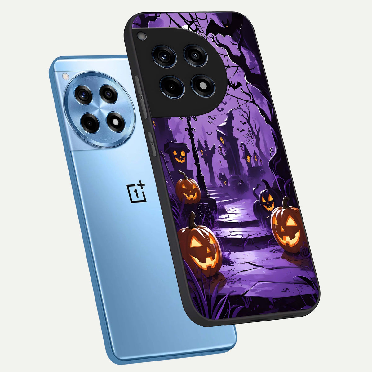  Pumpkin Patch Halloween phone case For OnePlus 12R showing premium glass back cover with detailed artwork