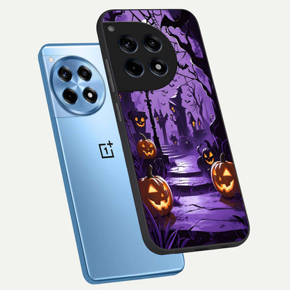  Pumpkin Patch Halloween phone case For OnePlus 12R showing premium glass back cover with detailed artwork