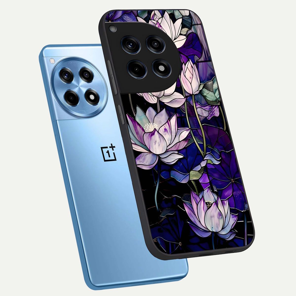  Purple Lotus Pattern phone case For OnePlus 12R showing premium glass back cover with detailed artwork