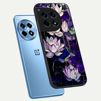  Purple Lotus Pattern phone case For OnePlus 12R showing premium glass back cover with detailed artwork